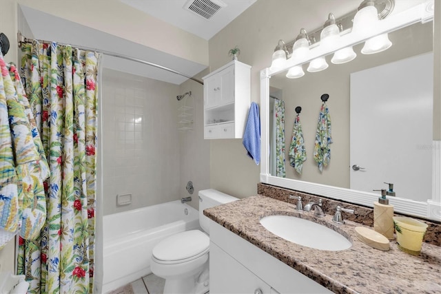 full bathroom with shower / bathtub combination with curtain, tile patterned floors, vanity, and toilet