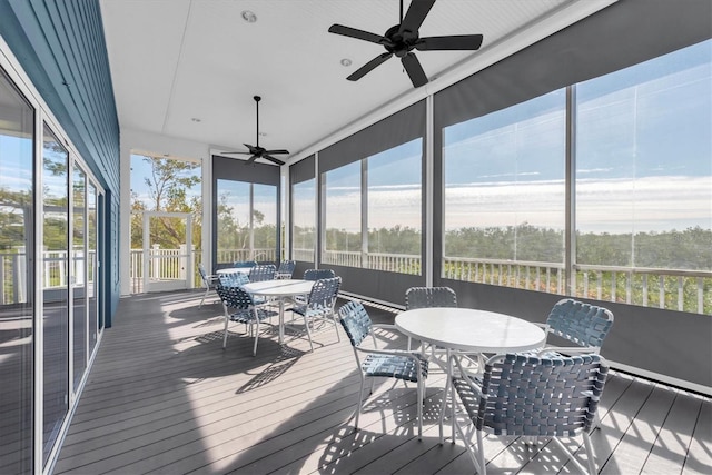 sunroom / solarium featuring a wealth of natural light, ceiling fan, and a water view