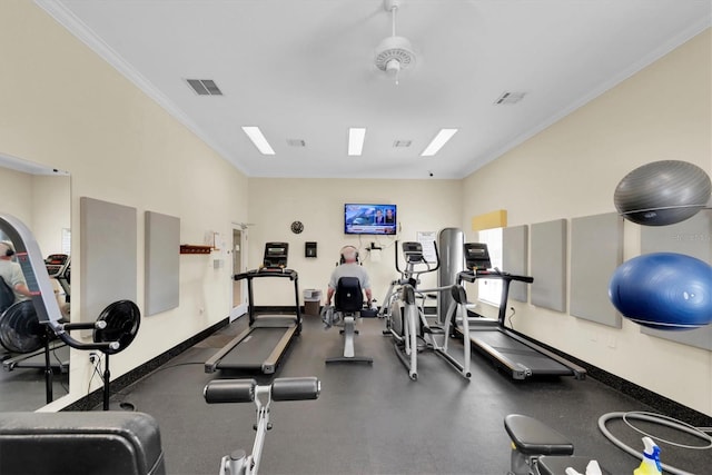 exercise room with ornamental molding