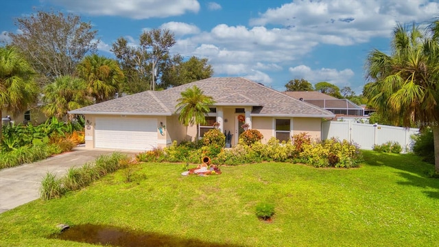 ranch-style house featuring a front lawn and a garage