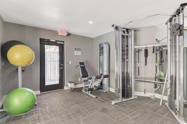 workout area with carpet floors