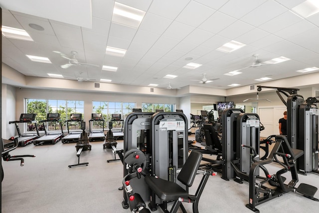 exercise room with a drop ceiling