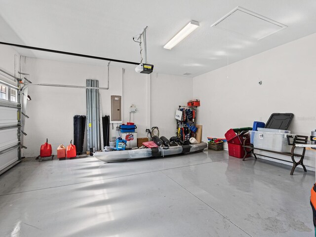 garage featuring electric panel and a garage door opener