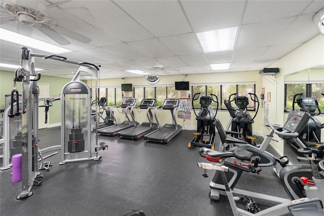 exercise room featuring a drop ceiling, a healthy amount of sunlight, and ceiling fan