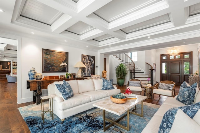 501 Harbor Point Rd, Longboat Key, FL 34228 - living room with stairway, wood finished floors, beamed ceiling, coffered ceiling, and ornamental molding