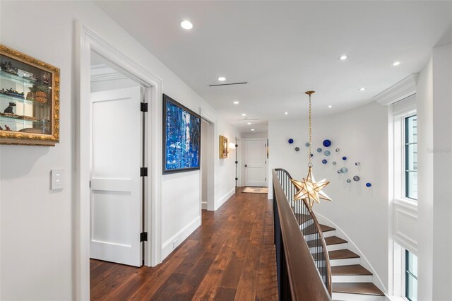 501 Harbor Point Rd, Longboat Key, FL 34228 - hallway with dark wood-style floors, recessed lighting, baseboards, and an upstairs landing