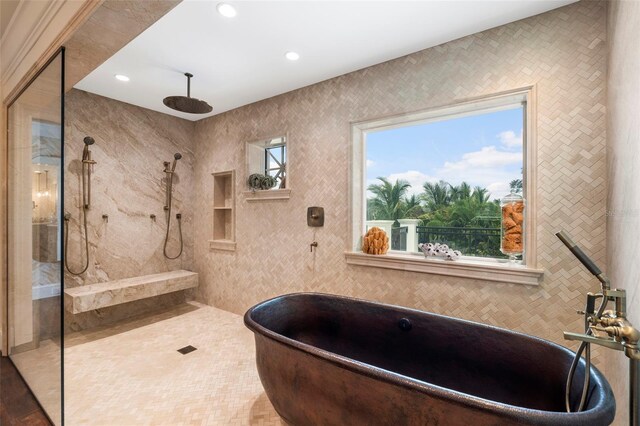 501 Harbor Point Rd, Longboat Key, FL 34228 - full bath with a soaking tub, walk in shower, and recessed lighting