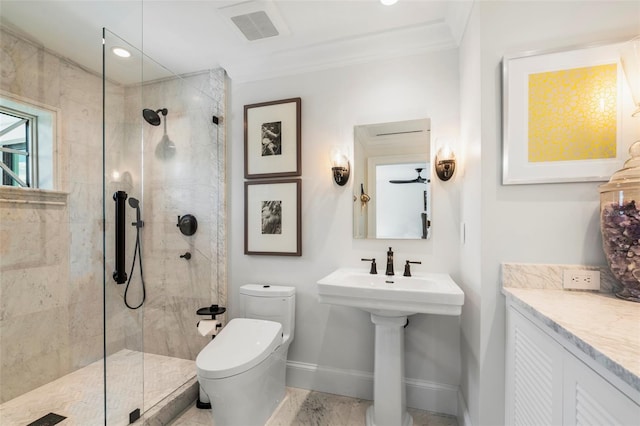 bathroom featuring ornamental molding, tile patterned flooring, a shower with shower door, and toilet