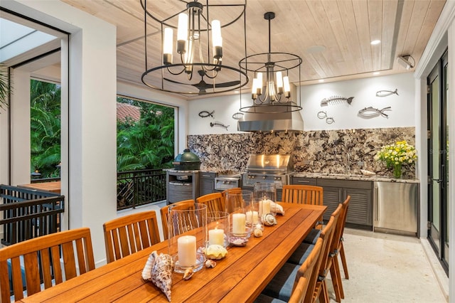 dining area with wood ceiling, sink, and a notable chandelier