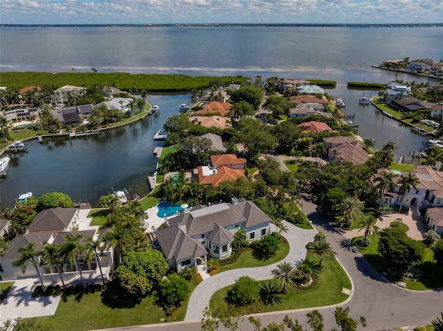 drone / aerial view with a water view