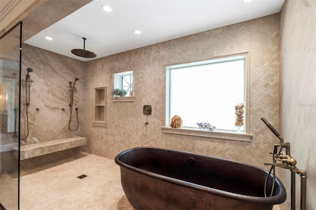 bathroom featuring separate shower and tub and tile patterned floors