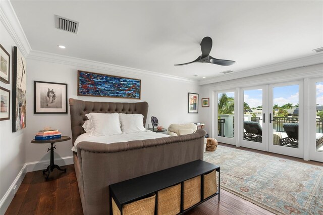 bedroom featuring access to exterior, dark hardwood / wood-style flooring, ornamental molding, ceiling fan, and french doors