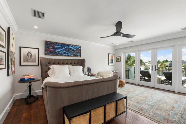 501 Harbor Point Rd, Longboat Key, FL 34228 - bedroom featuring access to outside, recessed lighting, crown molding, dark wood-style floors, and baseboards