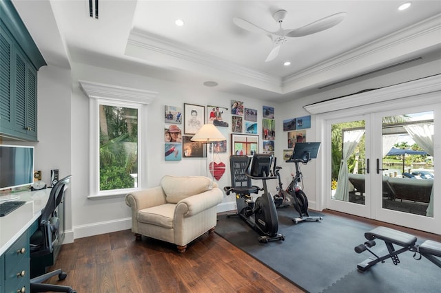 workout room featuring french doors, a raised ceiling, and dark wood-type flooring