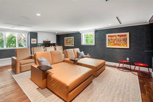 501 Harbor Point Rd, Longboat Key, FL 34228 - cinema featuring wood finished floors, ornamental molding, wallpapered walls, recessed lighting, and baseboards
