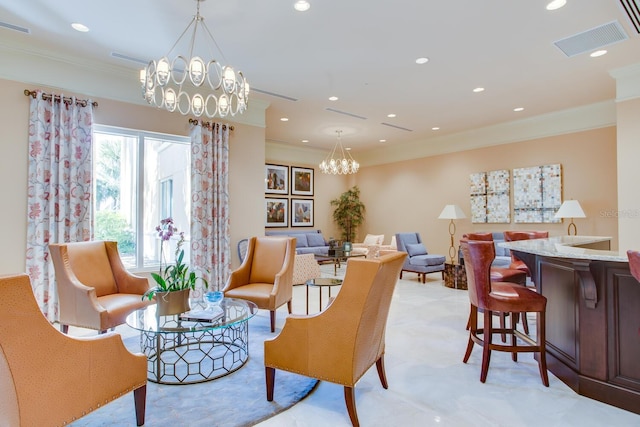 interior space featuring light carpet, a notable chandelier, and ornamental molding