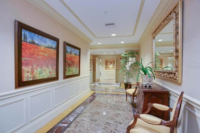 hallway featuring crown molding