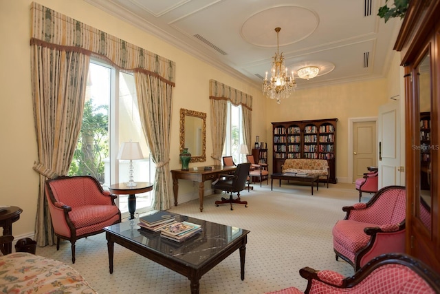 sitting room with carpet floors, an inviting chandelier, plenty of natural light, and ornamental molding