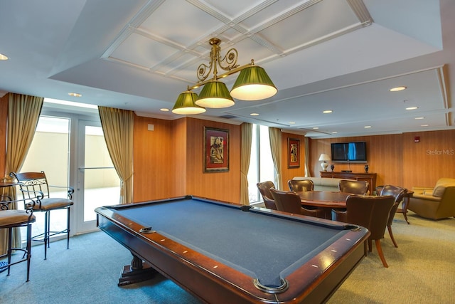 playroom with light carpet, wood walls, pool table, and coffered ceiling