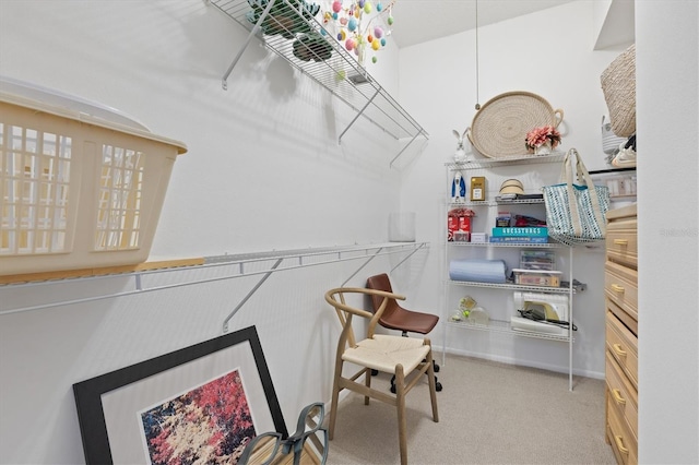 walk in closet featuring light colored carpet