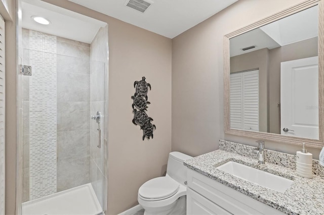 full bathroom with vanity, a stall shower, toilet, and visible vents