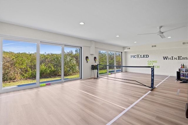 game room with recessed lighting, ceiling fan, visible vents, and wood finished floors