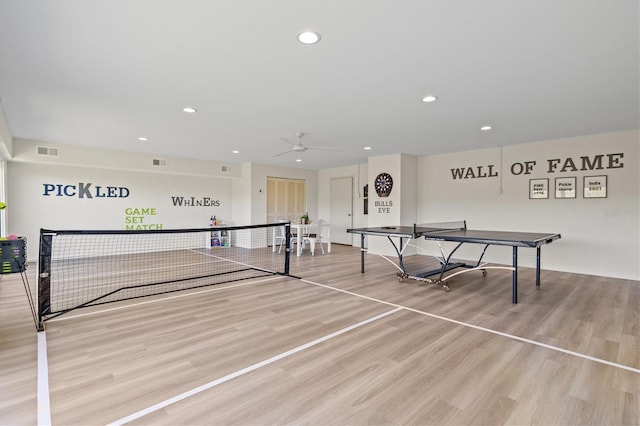 playroom with recessed lighting, a ceiling fan, visible vents, and wood finished floors