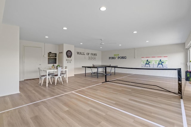 game room featuring recessed lighting, a ceiling fan, and wood finished floors