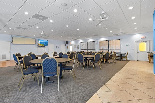 dining area featuring ceiling fan, light carpet, recessed lighting, light tile patterned floors, and visible vents