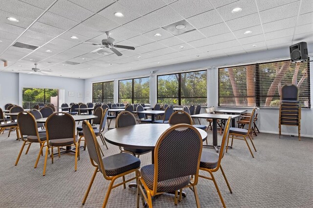 dining space with recessed lighting, ceiling fan, and carpet