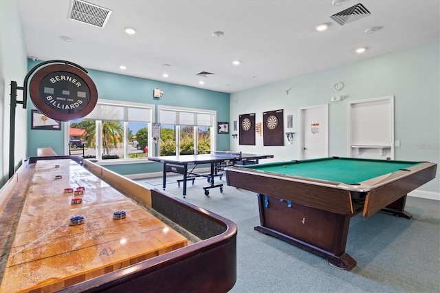 rec room featuring billiards, carpet flooring, recessed lighting, and visible vents