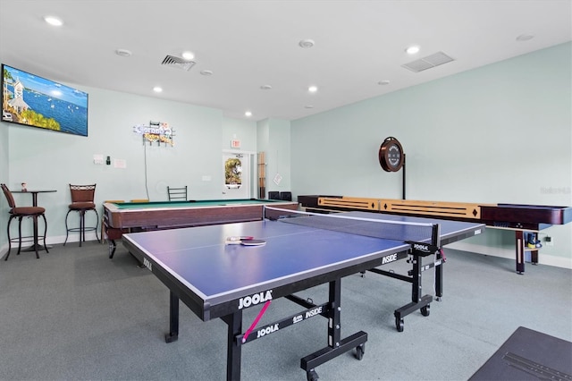 rec room featuring baseboards, recessed lighting, and visible vents