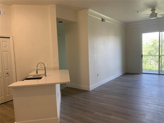 interior space with a sink, visible vents, baseboards, ornamental molding, and dark wood finished floors