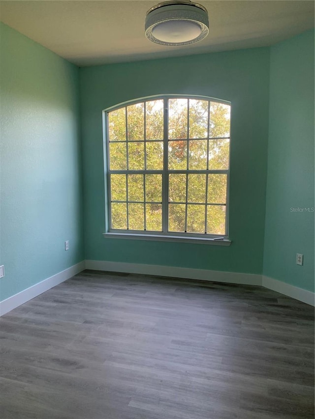 spare room featuring wood finished floors, a wealth of natural light, and baseboards