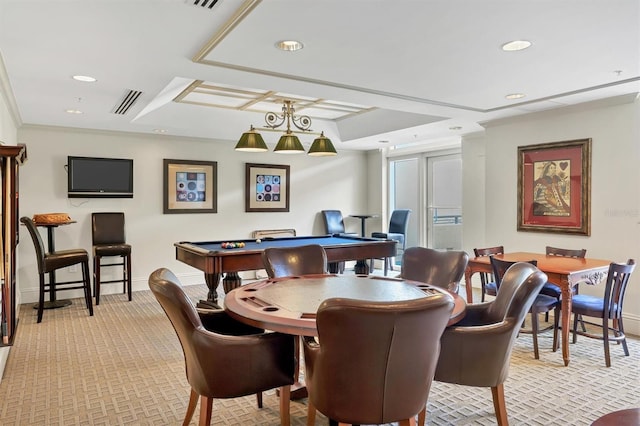 rec room with light colored carpet, ornamental molding, and billiards