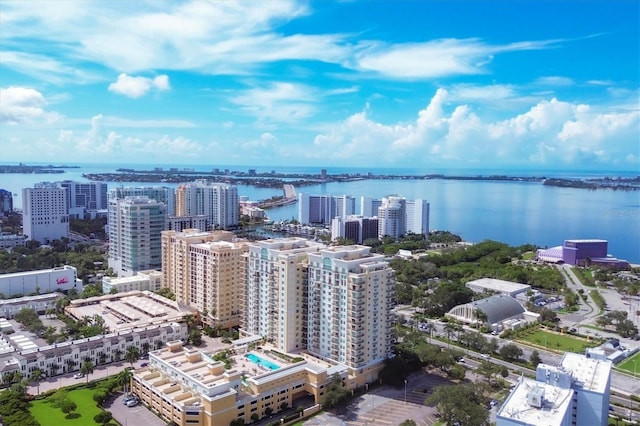 birds eye view of property featuring a water view