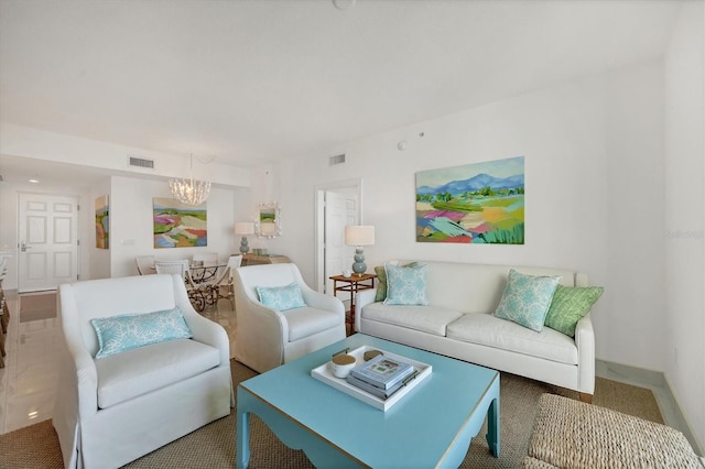 living room with an inviting chandelier