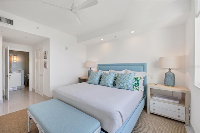 bedroom with connected bathroom and ceiling fan