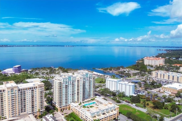 birds eye view of property featuring a water view