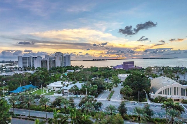 aerial view at dusk featuring a water view