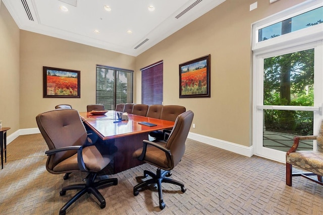 office area featuring carpet and crown molding