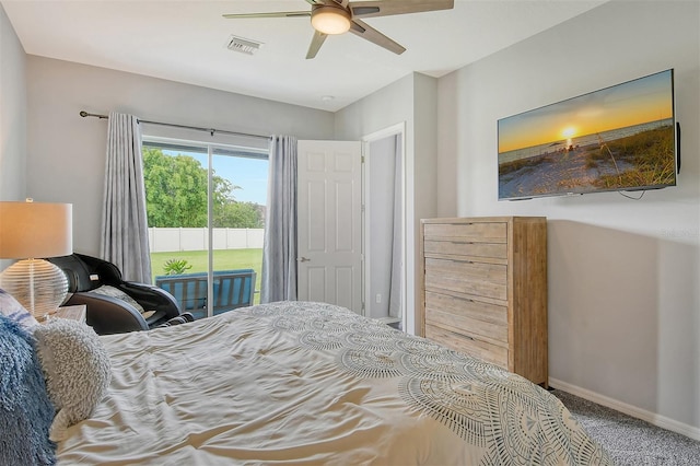 bedroom with carpet floors, access to outside, and ceiling fan