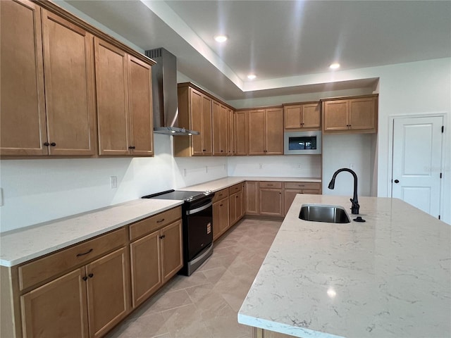 766 Hillshire Pl, Spring Hill, FL 34609 - kitchen with wall chimney range hood, range with electric cooktop, stainless steel microwave, brown cabinets, and light stone counters