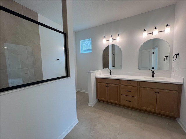 766 Hillshire Pl, Spring Hill, FL 34609 - full bathroom with tiled shower, double vanity, and tile patterned flooring