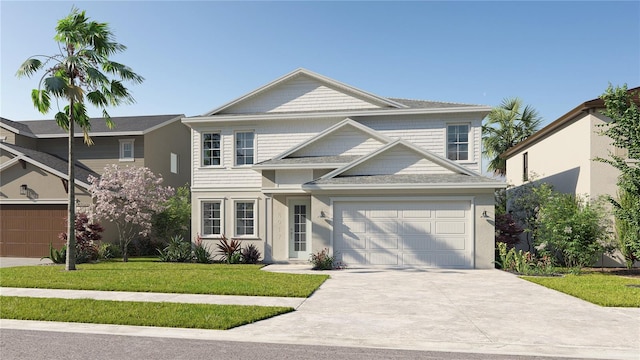 view of front of property with a front yard and a garage