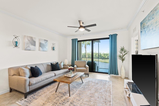 living room featuring light tile patterned flooring, crown molding, and ceiling fan