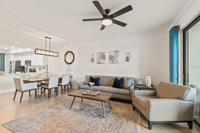 living room featuring light tile patterned flooring, crown molding, and ceiling fan