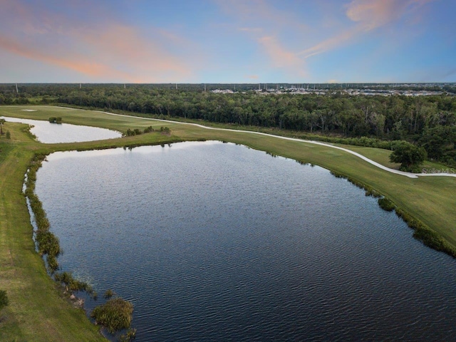 aerial view at dusk featuring a water view