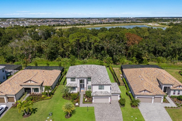 drone / aerial view with a water view