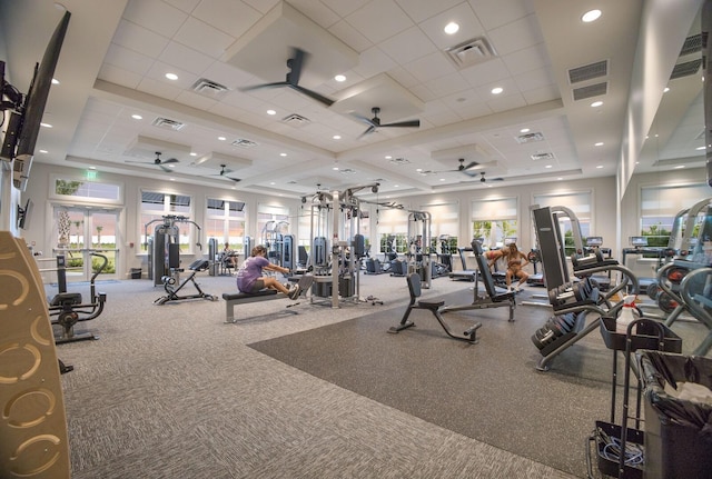 16215 Tradewind Ter, Lakewood Ranch, FL 34211 - gym featuring ceiling fan, a tray ceiling, and carpet flooring